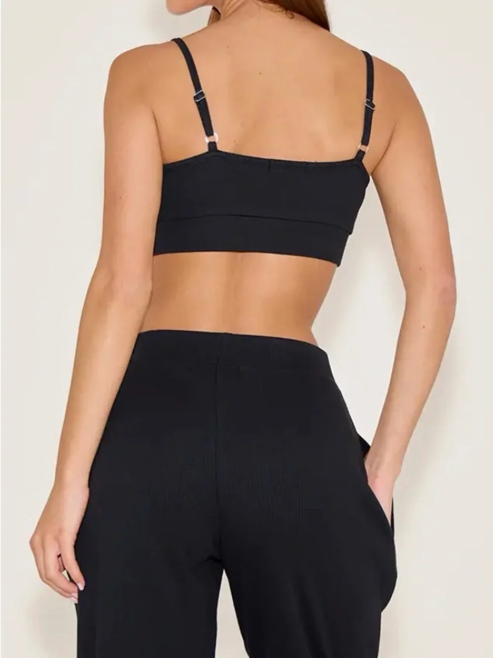 PRETTYLITTLETHING BLACK SLEEP RIB TONAL ELASTIC BRALET
